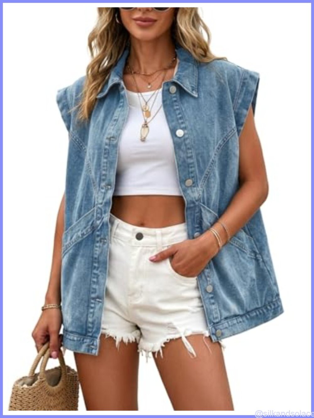 Womens Oversized Jean Vest Button Down Denim Jacket Vest Sleeveless Casual